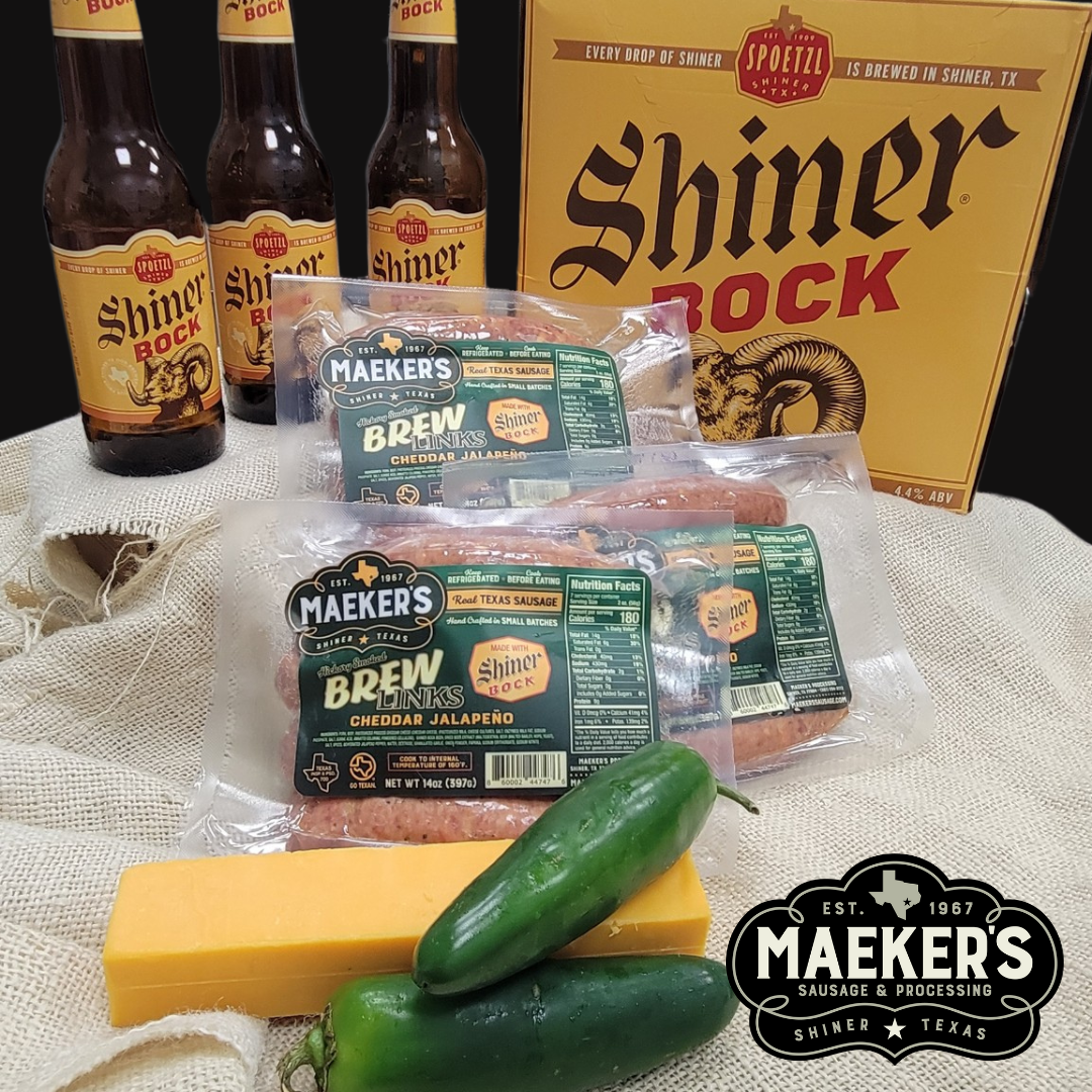 3) Cheddar Jalapeno Brew Links (Made with Shiner Bock) - NEW ITEM 3) Cheddar Jalapeno Brew Links (Made with Shiner Bock) - NEW ITEM